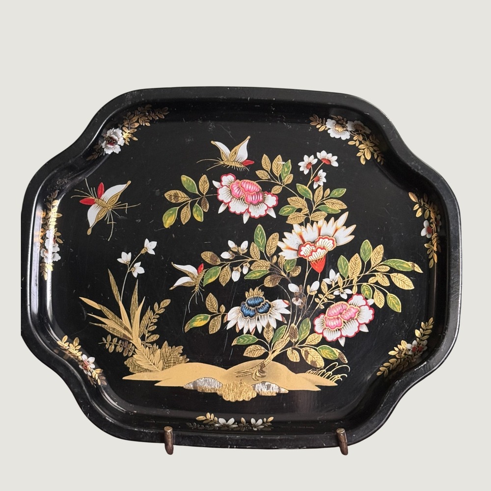 Vintage Elite Made in England Black Metal Toleware Floral Chinoiserie Tray
